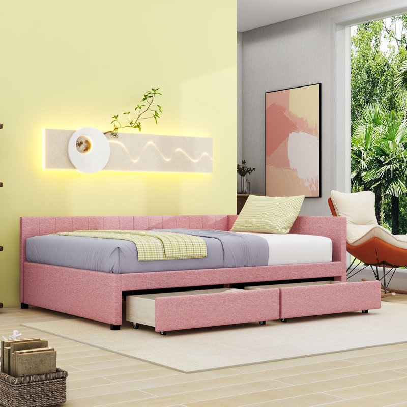 2 Drawers Full Upholstered Daybed, Semi-Closed Design, Pink