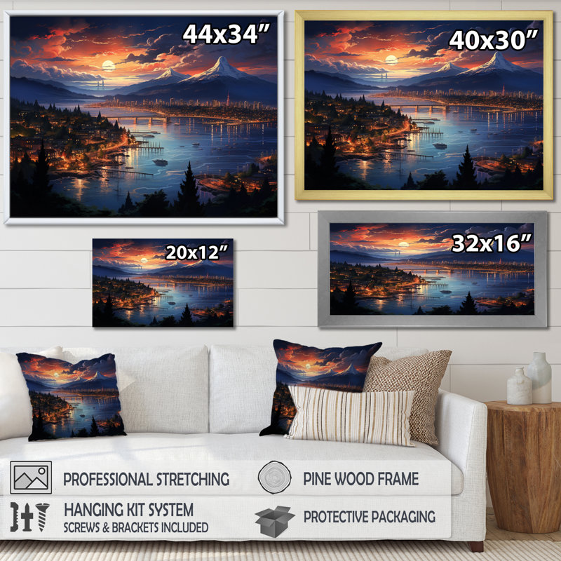 " Cityscape Mountain Twilight I ", Black Floater Framed, 12" H x 20" W x 1" D