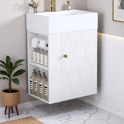 Bathroom Vanity With Ceramic Sink, Diamond Pattern Door Design, Gold Handle, Side Storage Shelves And Built-in Towel Bar