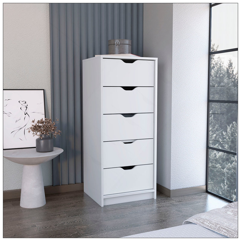Commode H 42 po, 5 tiroirs, commode de rangement mince, blanc, Blanc