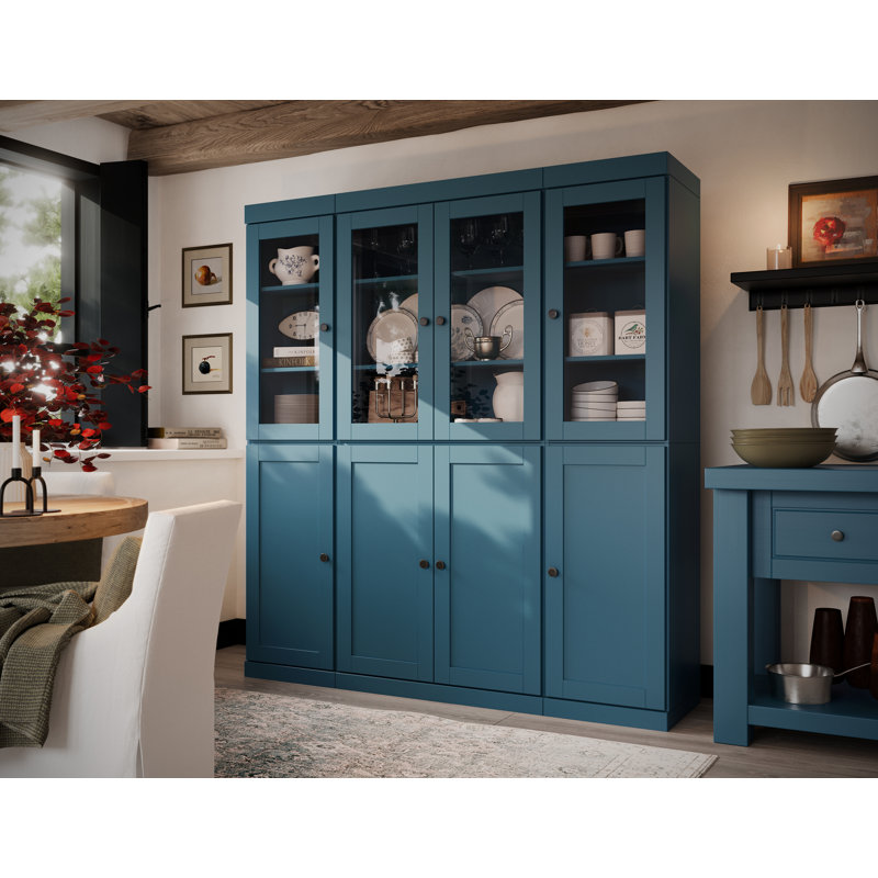 Vaisselier 100% bois massif 65 po avec verre transparent, portes Shaker et tablettes réglables, Bleu sarcelle
