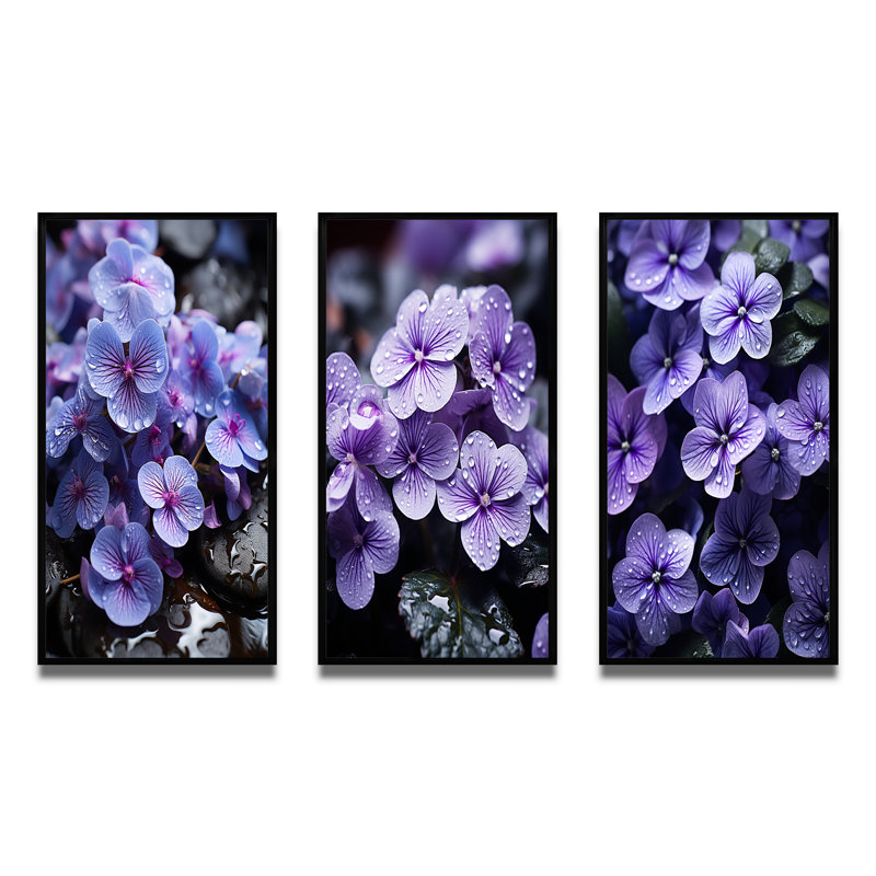 «Violets Whispering Photo», 3 pièces sur toile, Cadre noir, H 20 po x l 36 po