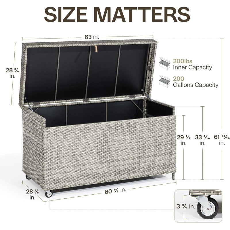 200 Gallons Water Resistant Wicker Deck Box with Wheels in Gray