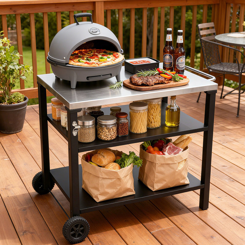 Chariot de barbecue extérieur à 3 niveaux avec plateau en acier inoxydable, table de préparation de barbecue mobile sur roulettes, barre de service roulante pour patio et cour arrière, support de four à pizza noir, rouille, grand espace de rangement, lisse