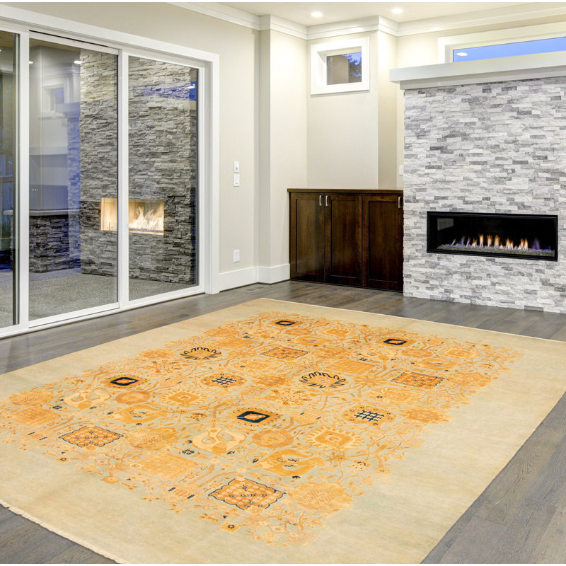 Tapis unique en laine nouée à la main Ushak brun clair 9 pi 10 po x 14 pi 1 po New Age