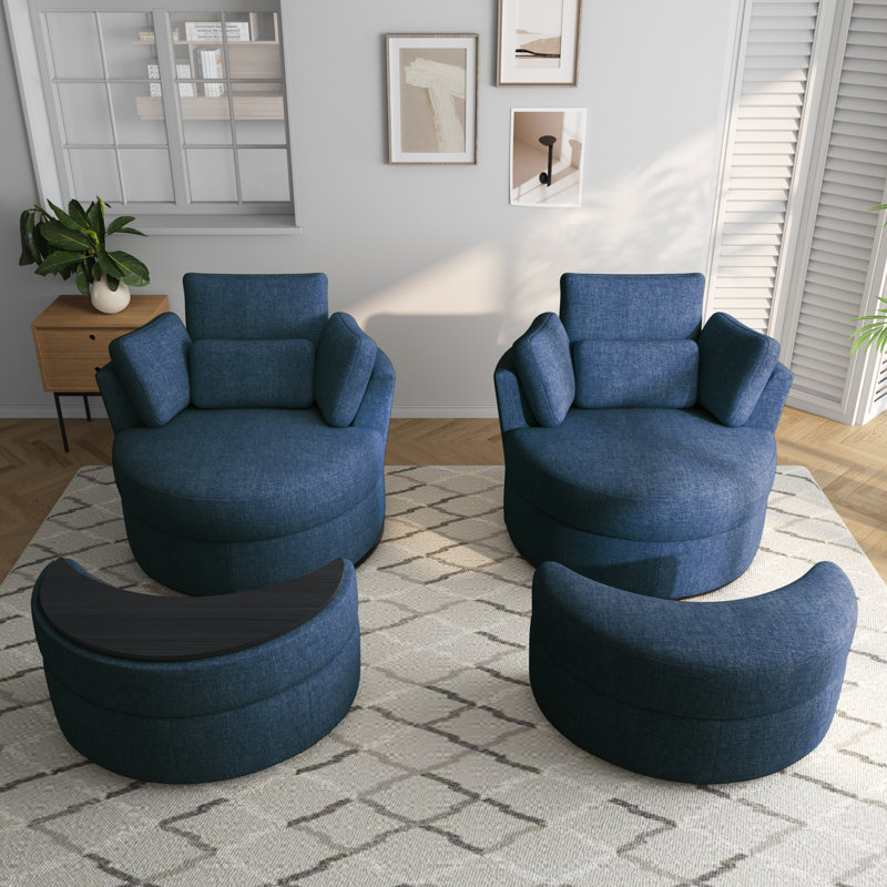 Upholstered Swivel Lounge Armchair With Storage Ottoman(Set of 2), Green Chenille