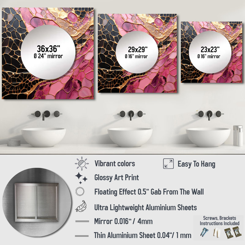 Jolynda - Minimalisme, poteries or rose I, spirales abstraites et grand miroir mural pour chambre, 23 po x 23 po