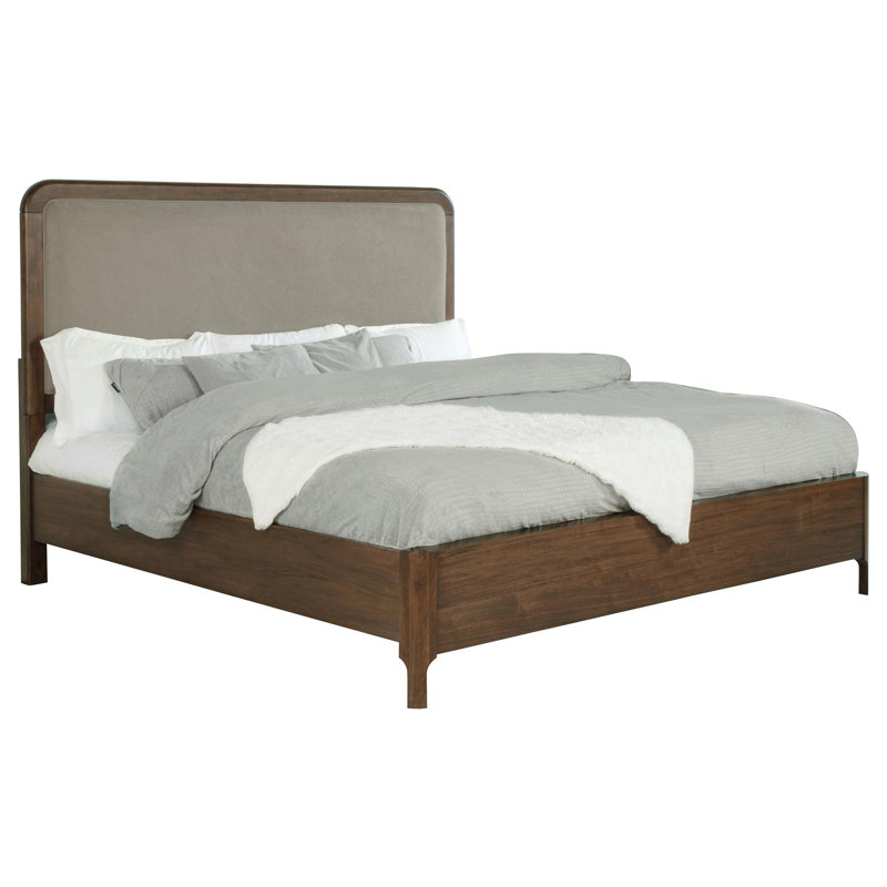 Rie Bed, Taupe Grey Headboard, Walnut Brown Wood, Grand