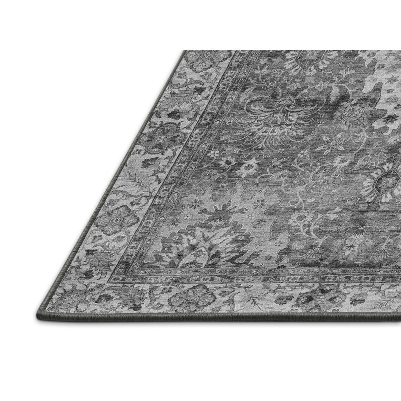Tapis oriental gris tissé à la machine en gris / blanc / noir, Rectangle 5 pi x 7 pi