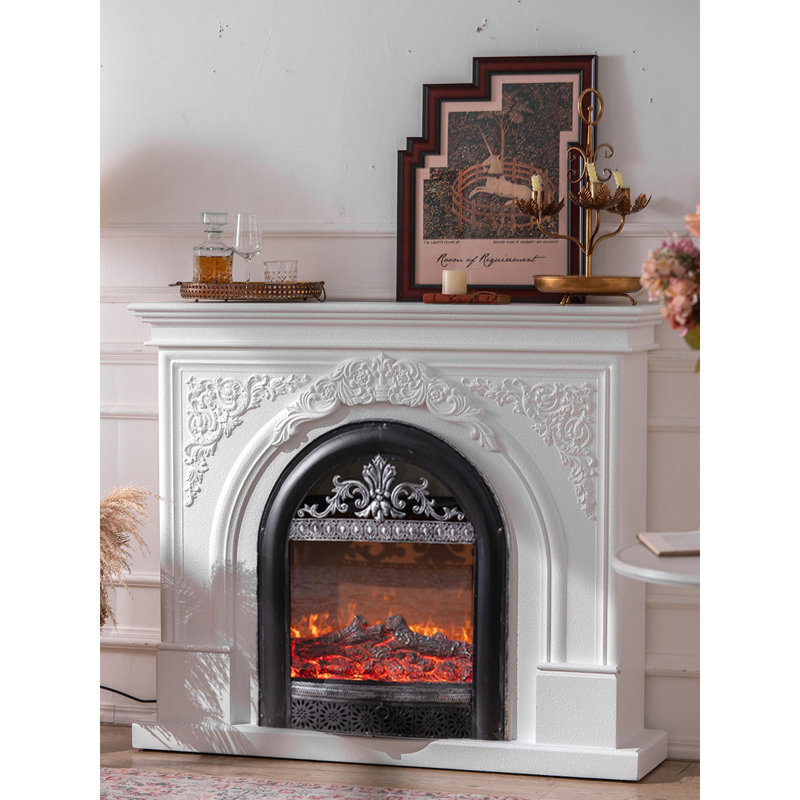 Ornate Wood&Iron Decorative Electric Fireplace, White