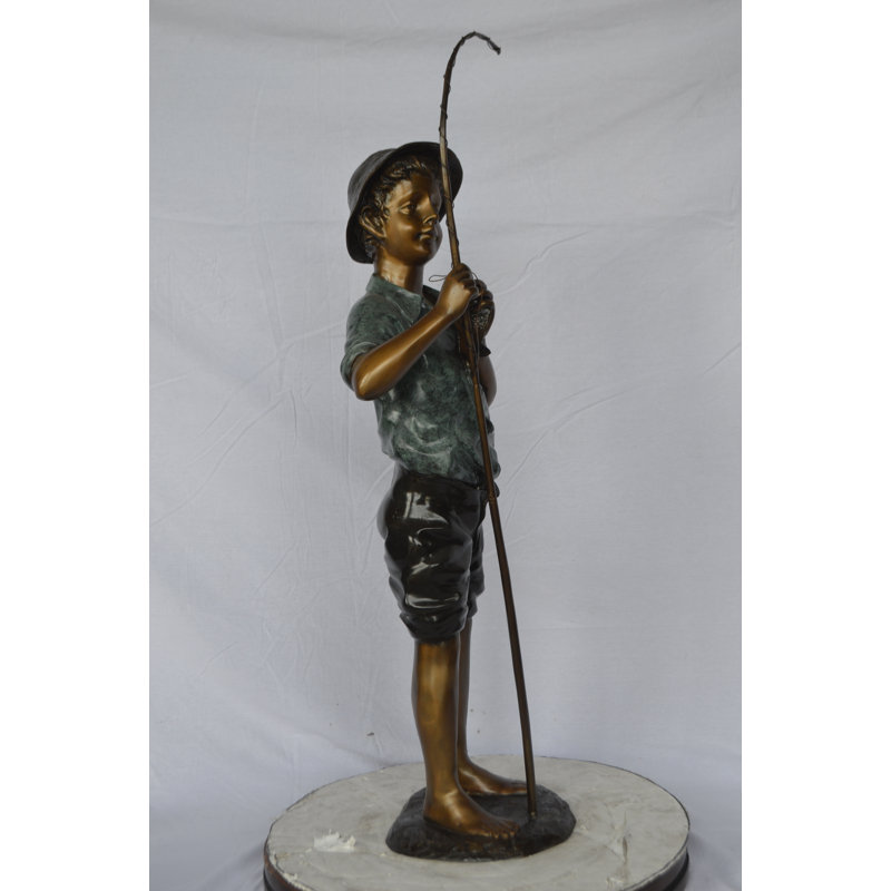 Boy with fishing rod  bronze statue -  Size: 11"L x 14"W x 44"H. 