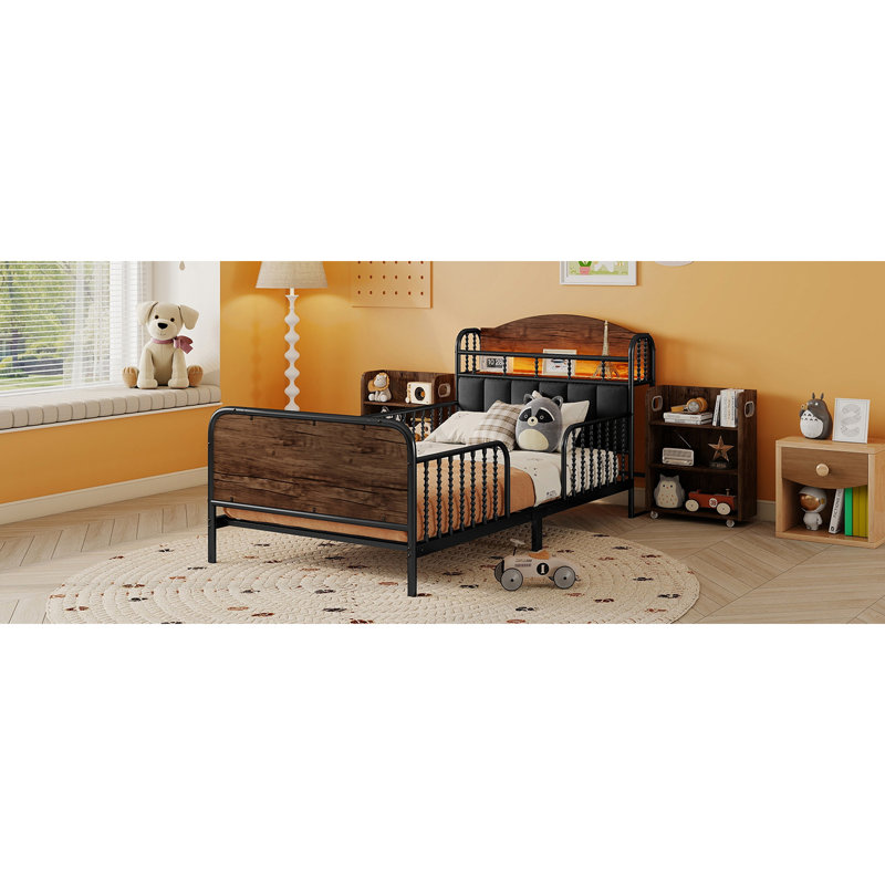 Lit simple avec lumières DEL, 3 tablettes de rangement et garde-corps pleine longueur, tête de lit tapissier en métal noir, conception à profil bas