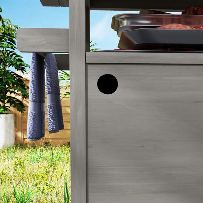 Outdoor Grill Cart with Wheels and Storage, Solid Wood Outdoor Kitchen Island with Stainless Steel Top, Movable Bar Cart with Spice Rack, Side Handle, Integrated Hole for BBQ, Grey