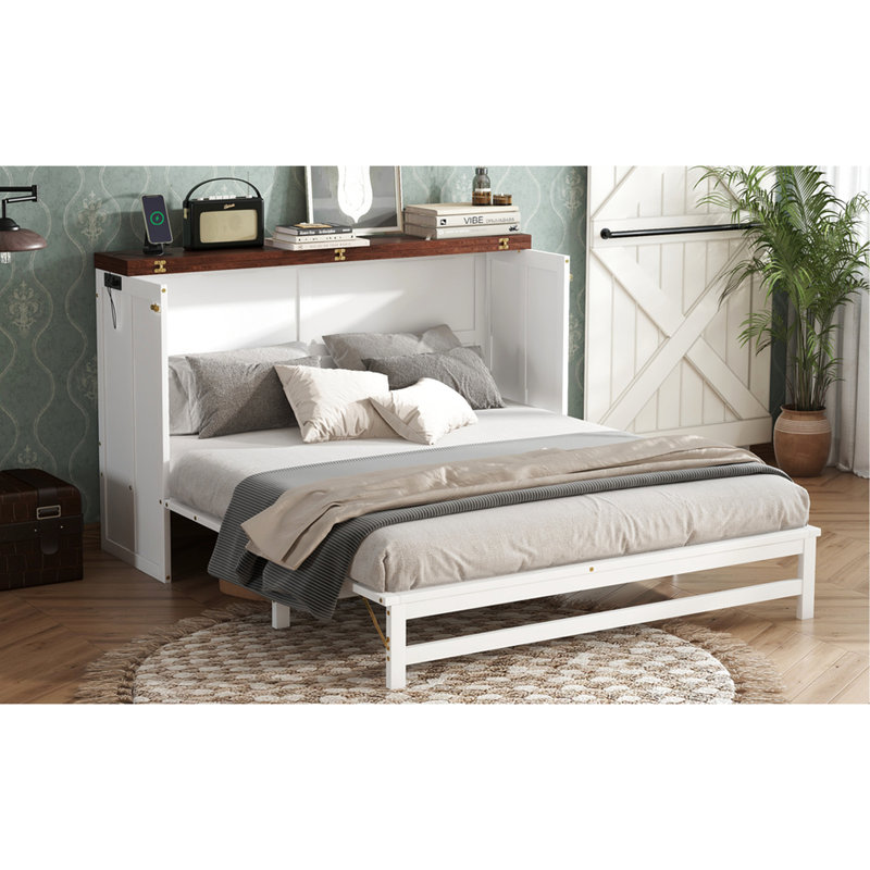 Armoire de lit grand avec rangement, rangement, blanc - noyer, pour les soirées pyjama dans les petits espaces, bureau à domicile et rangement en noyer massif