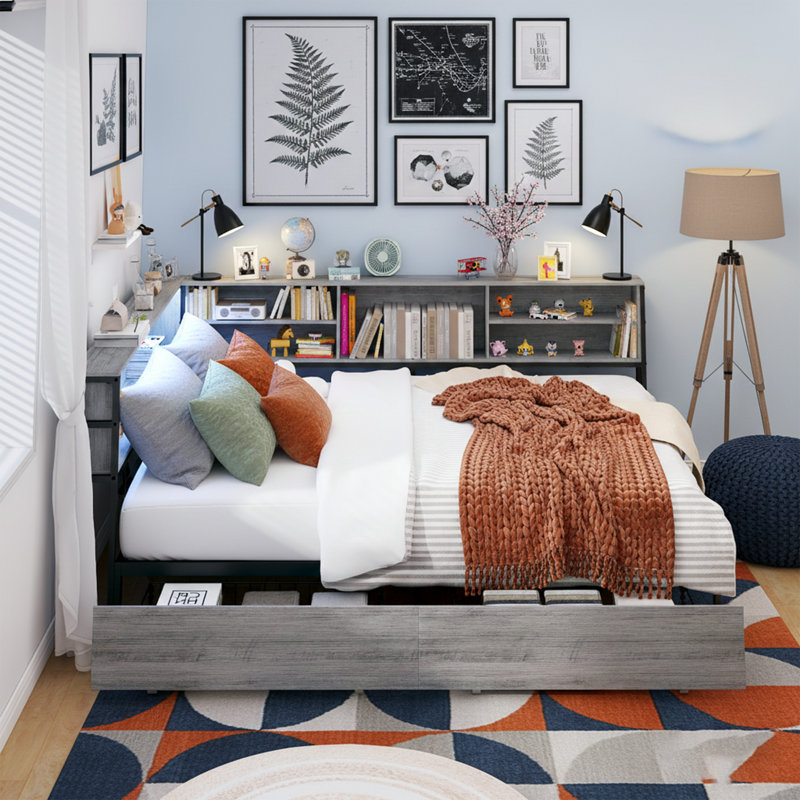 Full Size Metal Corner Daybed with LED Lights and Charging Station - 82" Wide Frame with Bookcase Headboard, Gray Oak