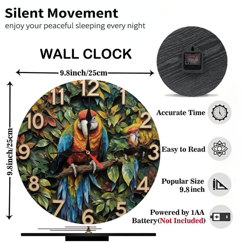 Parrot Clock With Jungle Foliage