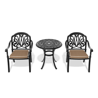 Ensemble de meubles de patio en aluminium coulé avec cadre noir et coussins de siège bruns