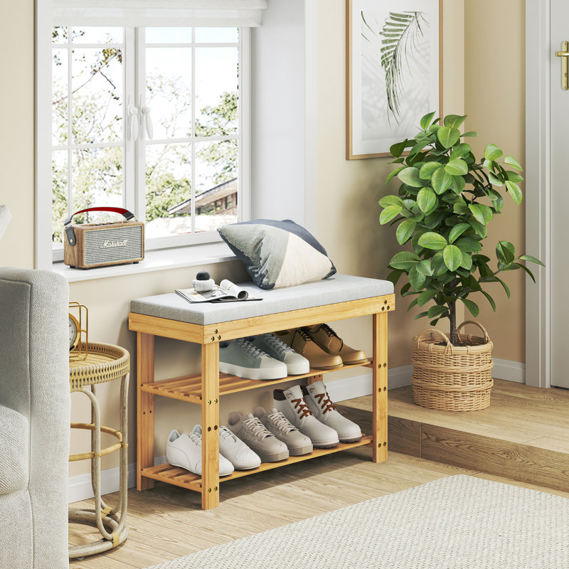 Banc de hall d'entrée avec coussin amovible et tablettes réglables pour un espace de rangement pratique et optimal, Khaki