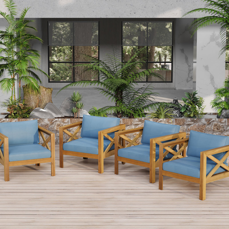 Fauteuils club d'extérieur en bois avec coussins bleus imperméables, conversation, convenant à tous les espaces confortables et ergonomiques