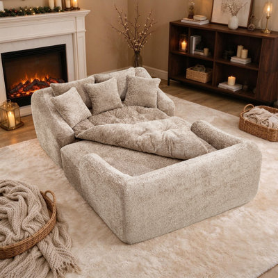 Chaise longue d'intérieur surdimensionnée et comprimée avec coussins décoratifs et accoudoirs, canapé-lit rembourré en chenille