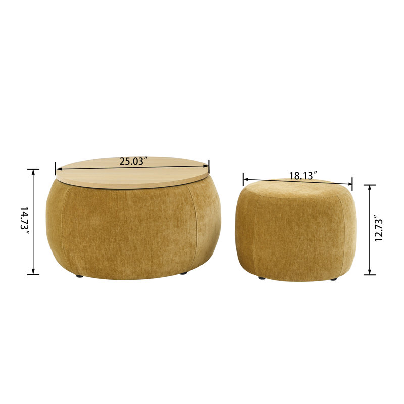 Ensemble de tabouret de rangement moderne en tissu, comprend tabouret rond + tabouret de rangement, Jaune