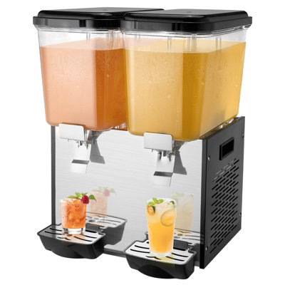 Commercial Beverage Dispenser, 2 Tanks 18 L / 19 QT Per Tank Juice Dispenser, 370W Stainless Steel Ice Tea Drink Machine With 45°F-54°F Cooling Temperature, For Cold Drink Restaurant Bar Party