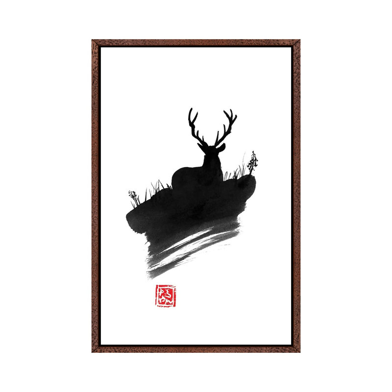 Deer by Péchane - Print on Canvas, 66.04 cm H x 45.72 cm W, Classic Brown Wood Framed