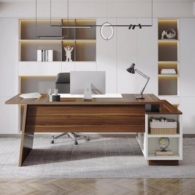 Bureau de direction en L 70,5 po, grand poste de travail moderne Mid-Century noyer et blanc
