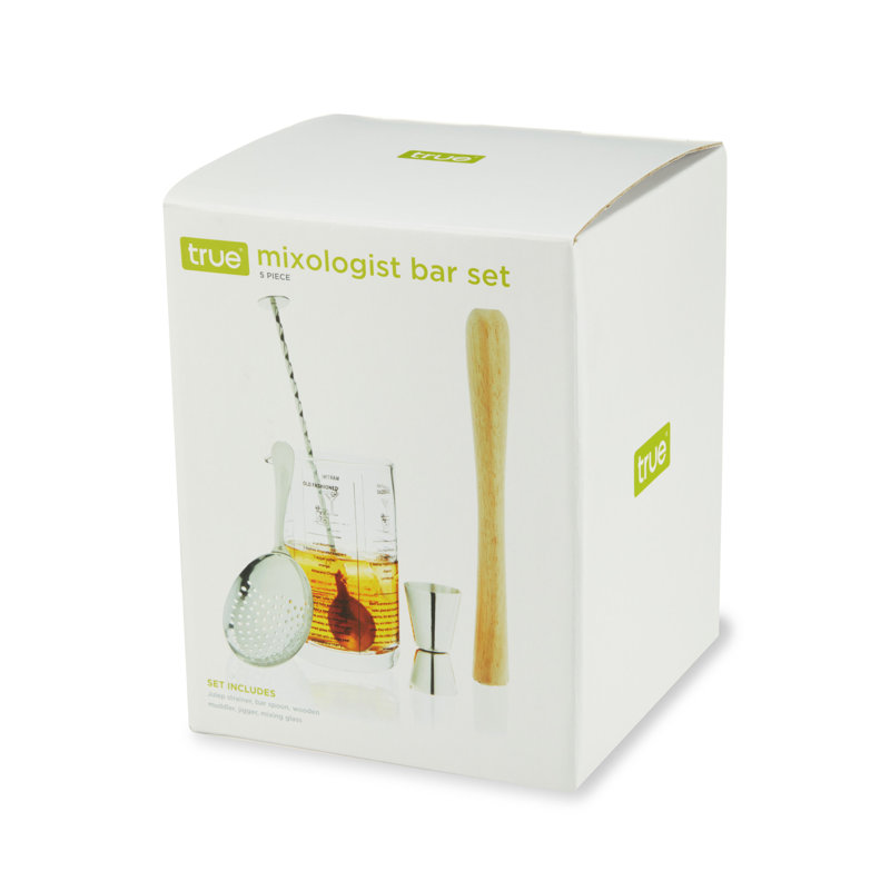 True Mixologist 5-Piece Stainless Steel, Wood, and Glass Cocktail Set
