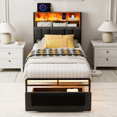 Ivy Bronx Bed Frames With Dustproof Storage Drawer, Ergonomic Hidden Storage Headboard With Charging Station, Upholstered Led Platform Bed, No Box Spring Needed, Easy Assembly
