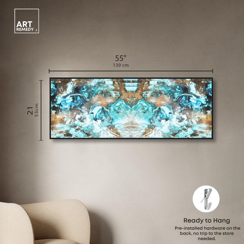 Décoration murale abstraite sur toile Blazing Blue Gold par Art Remedy, H 21 po x l 55 po, Cadre flottant noir