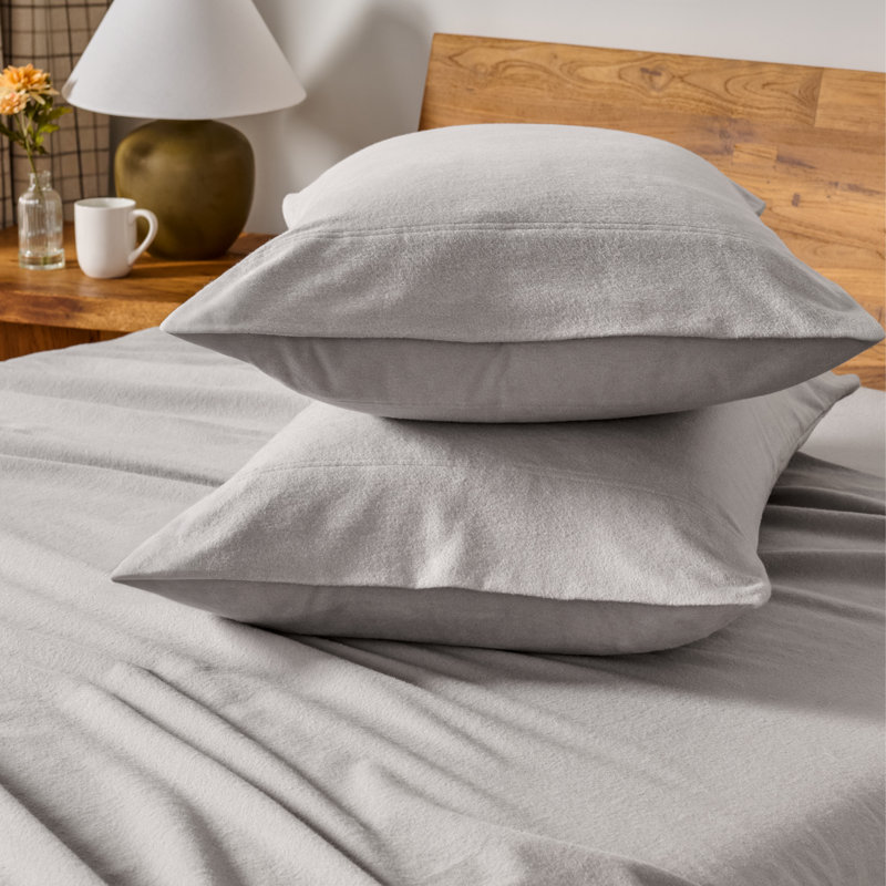 Housse de coussin 100% flanelle de coton, 2 taies d'oreiller standard, Gris clair