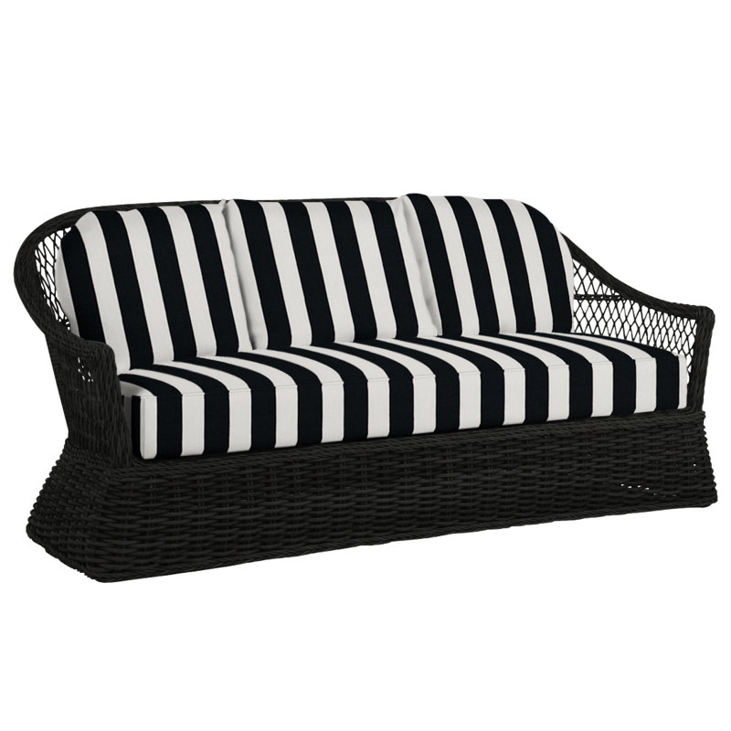 Soho 81.75" Wide Outdoor Wicker Patio Sofa with Cushions, Black, No Welt, Cabana Stripe Midnight