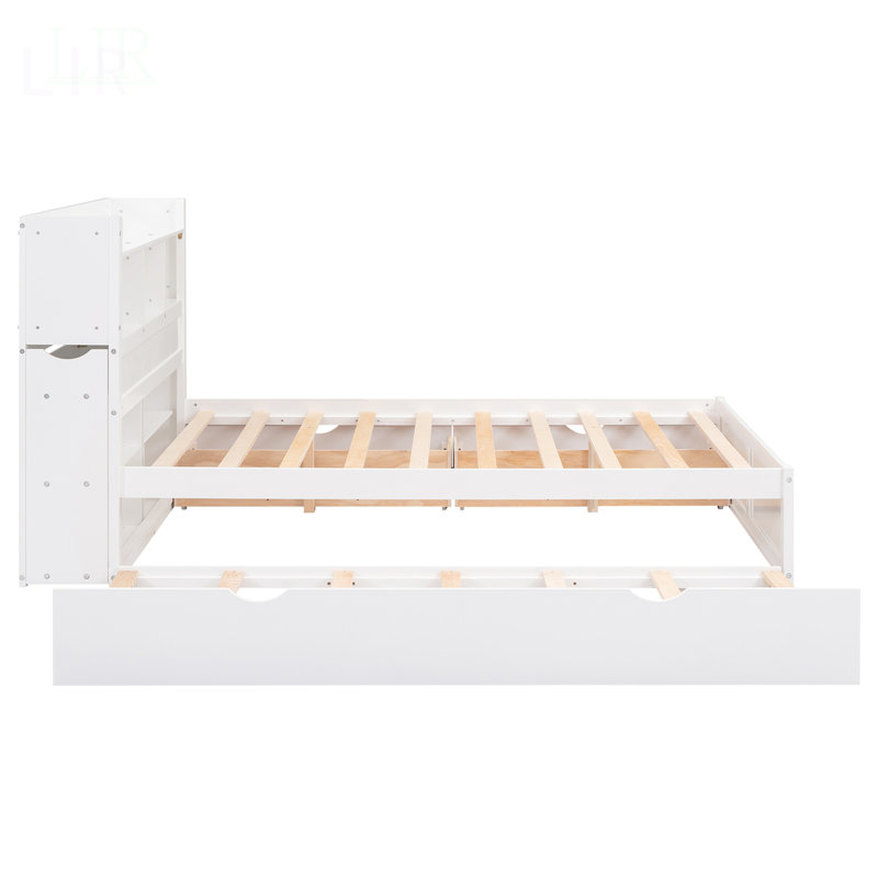 Lit plateforme pleine grandeur avec tablettes coulissantes, lit gigogne simple et 2 tiroirs pour une meilleure organisation