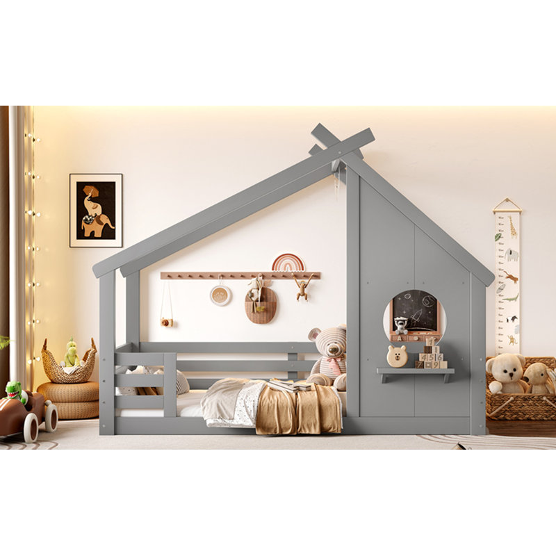 Lit simple au sol avec fenêtre et petite tablette, lit en bois massif, Gris, Lit simple