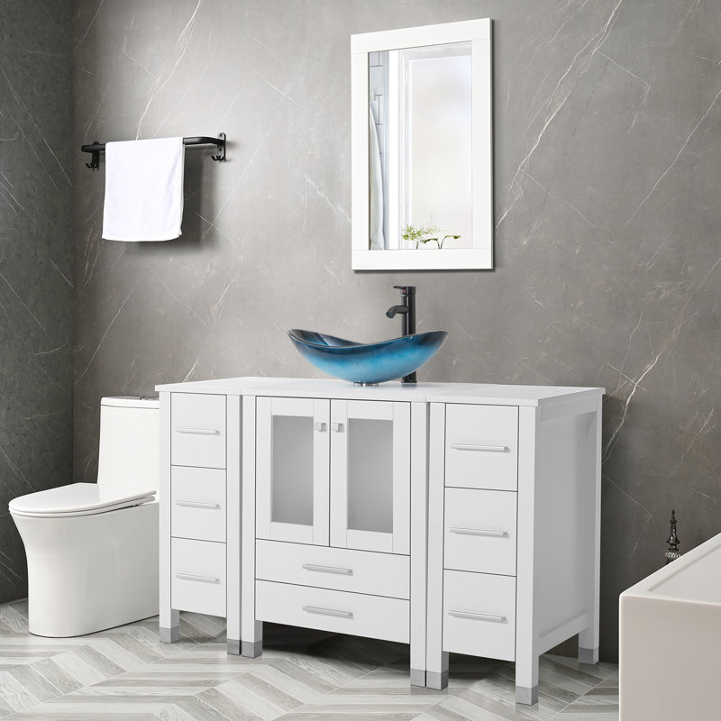 Meuble-lavabo simple 48 po avec plateau Graycelyn, Bleu, Blanc