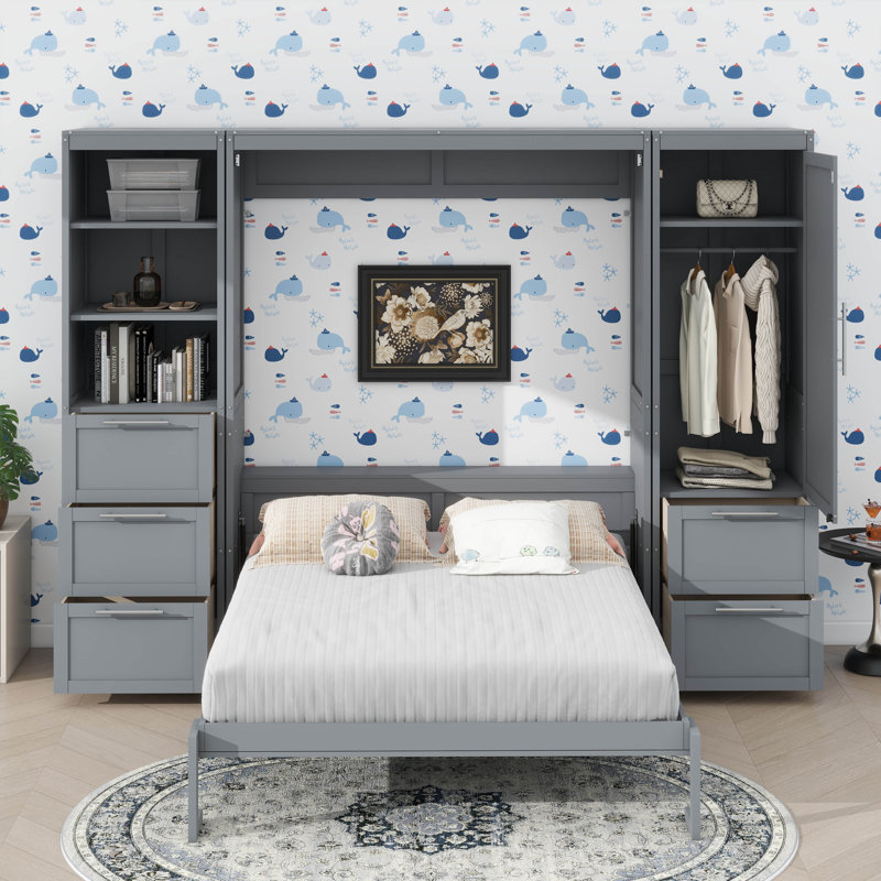 Grand lit escamotable mural avec placard, tiroirs et tablettes, Gris