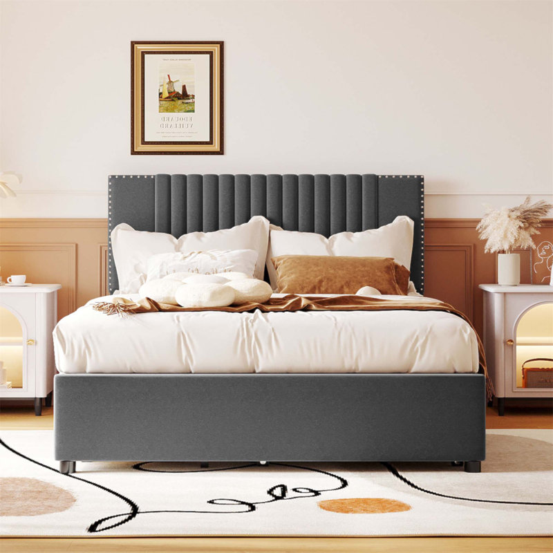 Lit plateforme double tapissier pleine grandeur avec 2 tiroirs et 1 lit gigogne simple, tête de lit classique, Gris