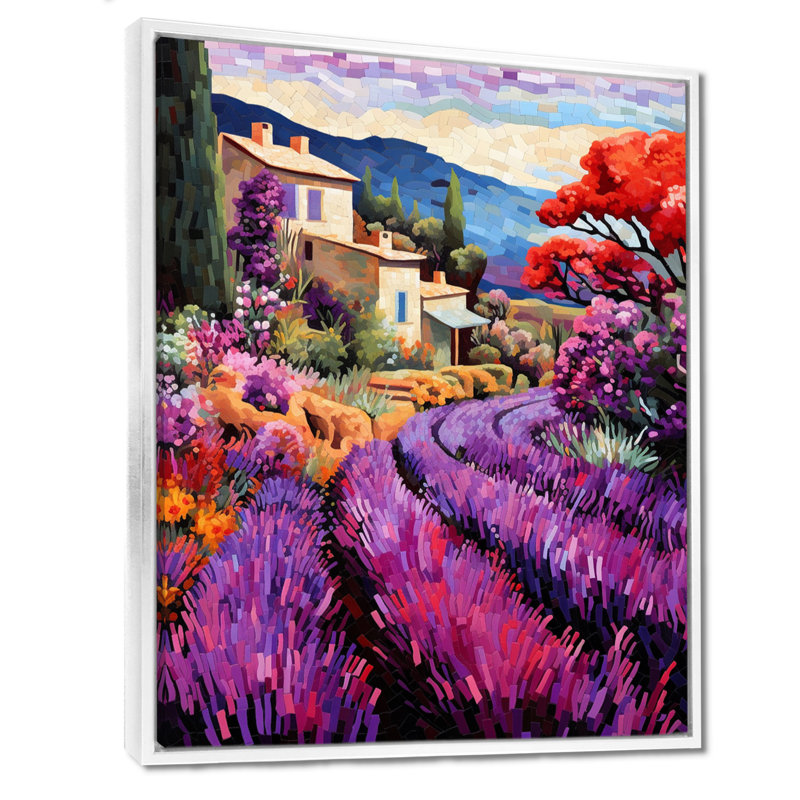 «White Cottage In Blossoming Lavender Fields - Lavender Fields», reproduction d'art, Cadre flottant blanc, bois massif