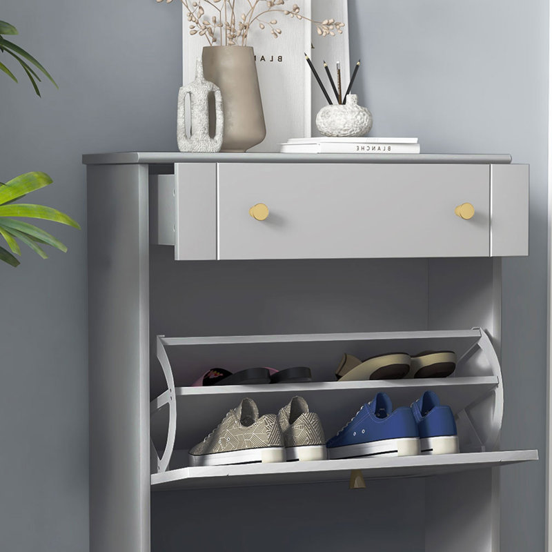 Armoire de rangement pour chaussures étroite avec 2 portes et tiroir rabattables, gris