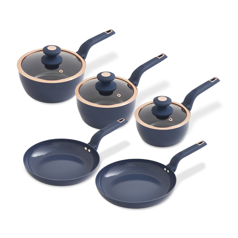 Tower Cavaletto 5 Piece Cookware Set with 16cm, 18cm, 20cm Saucepans and 24cm, 28cm Non-Stick Frying Pans, Blue/Golden