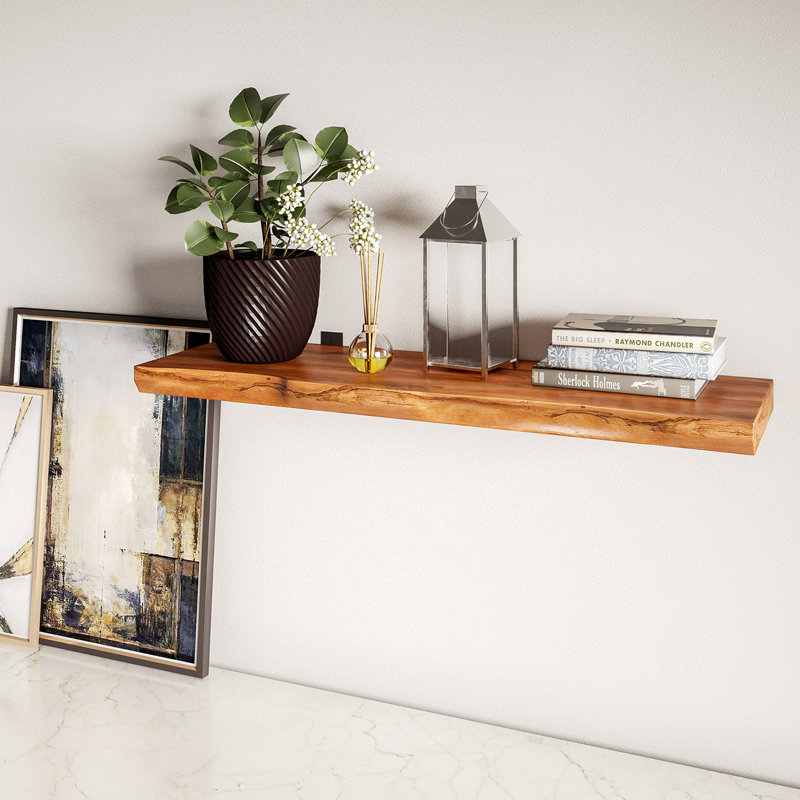 Fiorentino Solid Wood Bracket Shelf with Live Edge, Oiled Cherry