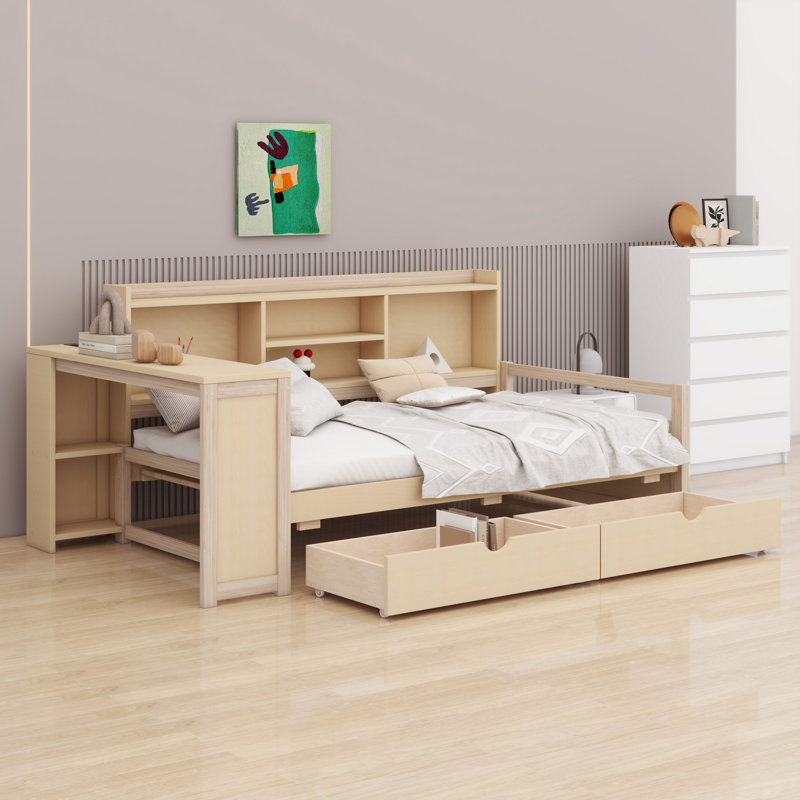 Lit de jour multifonctionnel en bois avec tiroirs de rangement, bureau intégré, port de charge et tablettes, Naturel