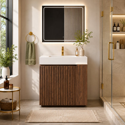 Lumene 36" Winston Walnut Freestanding Bathroom Vanity With Integrated Quartz Sink, Fluted Panel Design, Soft-Close Doors, Right Open Shelf, White/Black Basin Options, Modern Bathroom Cabinet