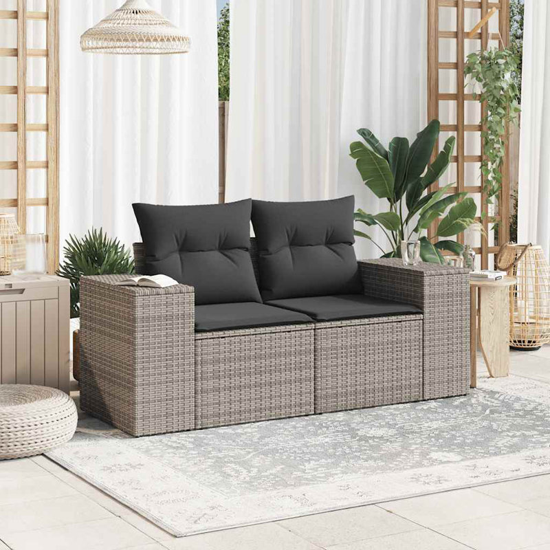 Garden Sofa Grey PE Rattan, Powder-Coated Steel, Polyester 2-Seater, Gray, Gray
