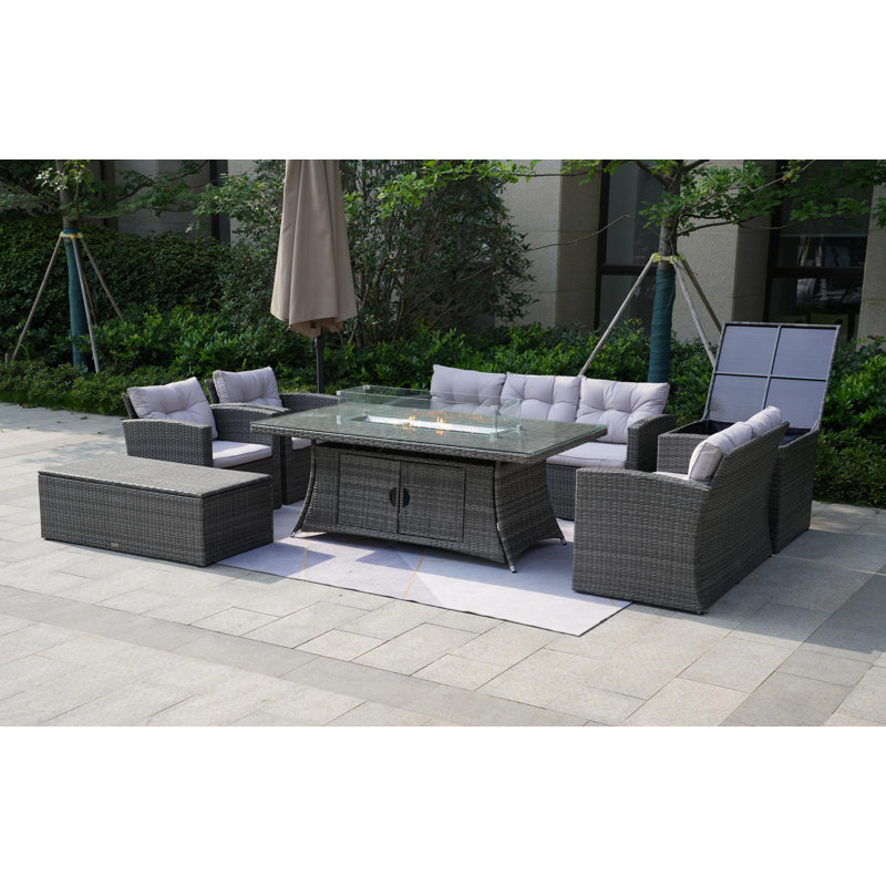 Ensemble de conversation en osier / rotin pour 7 personnes avec coussins Connersville, gris, Gris