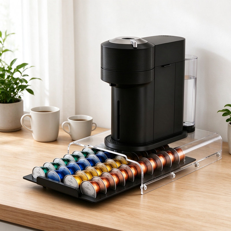 Porte-dosette pour dosettes Nespresso Vertuo, organisateur de tiroir à dosettes en acrylique transparent avec rouleau coulissant en douceur, rangement robuste