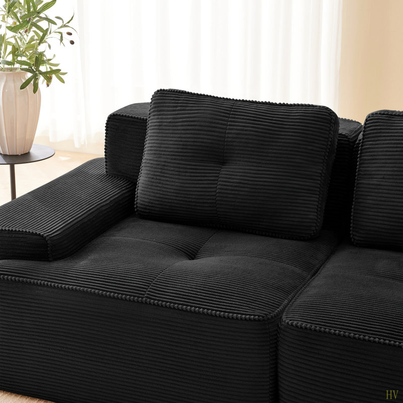 Canapé modulaire en forme de L de Boneless, H 32,7 po x l 117,3 po x P 40,9 po, Velours côtelé noir