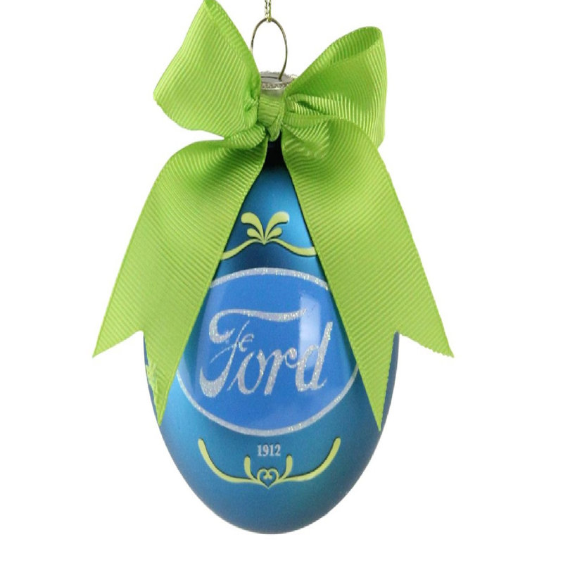 Ornement de Noël 2,75 "bleu mat" Ford-1912 "avec boule de verre ruban vert