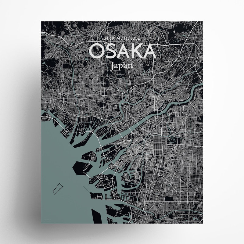Osaka City Map In Midnight - No Frame Print, 20cm H x 16cm W x 0.05cm D
